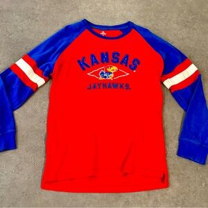 Knights Apparel Red and Blue Long Sleeve Kansas Jayhawks Tee Size Medium